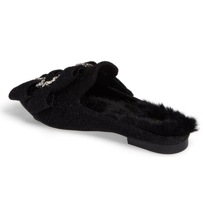 Black Glitter Flats Rhinestone Buckle Faux Fur Lined Mule Loafers
