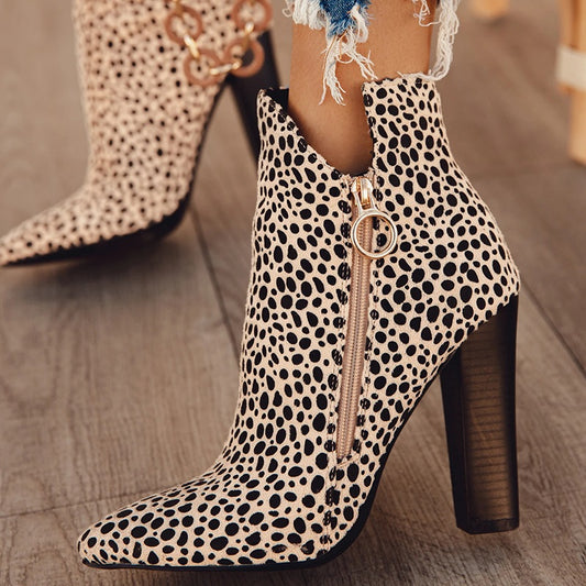 Beige Vegan Suede Leopard Print Zipper Chunky Heel Ankle Boots