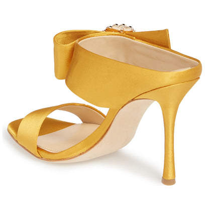 Yellow Satin Open Toe Rhinestone Buckle Mules Sandals