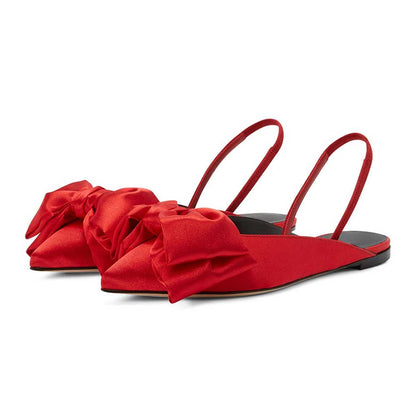 Red Satin Bow Inlay Pointed-Toe Slingback Backless Slingback Flats