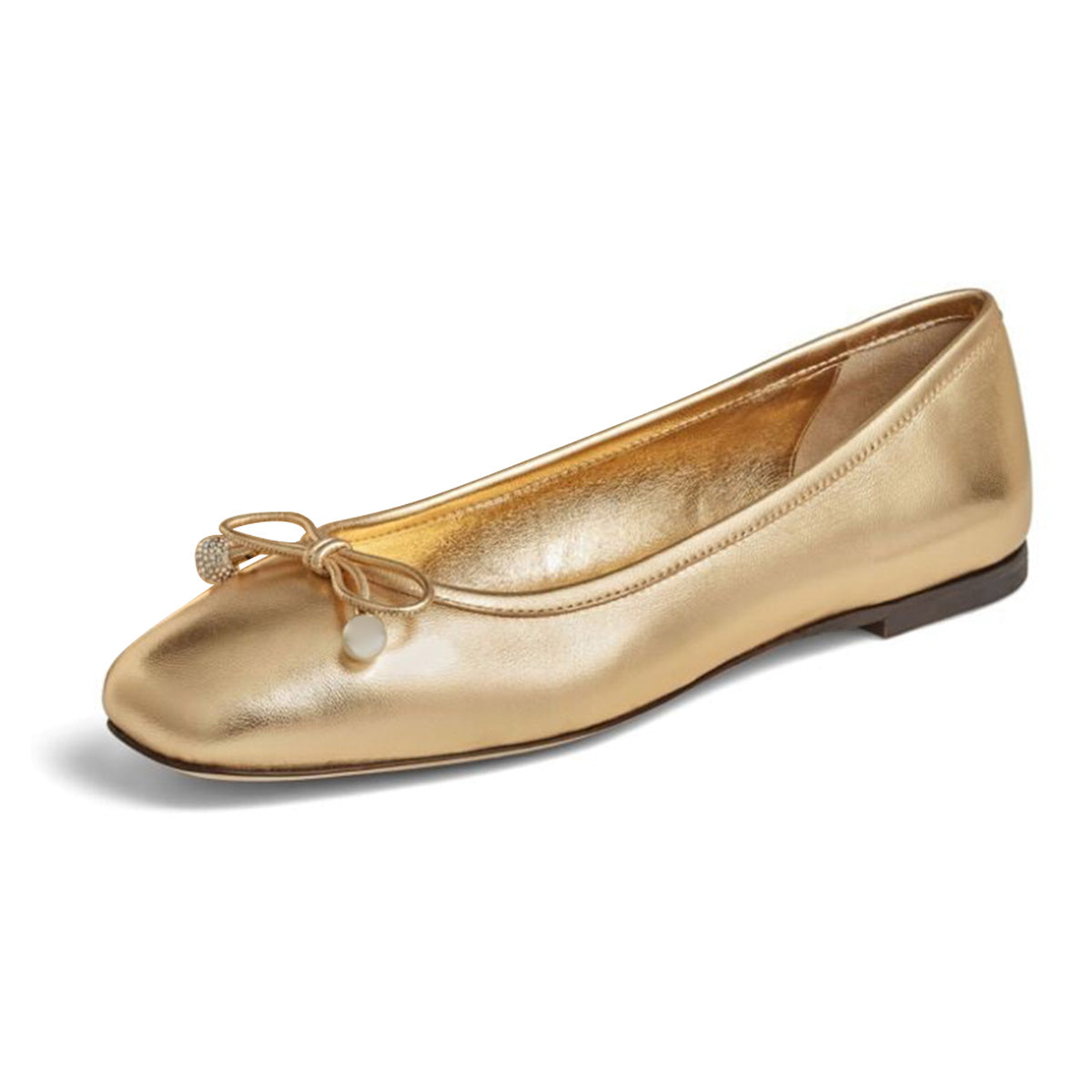 Gold Pearl Rhinestone Bowknot Square Toe Slip-On Ballet Flats