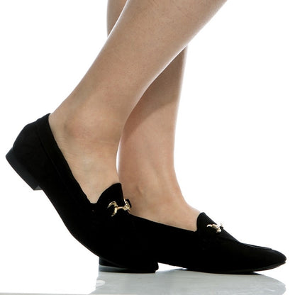 Classic Black Round Toe Women's Flat Horsebit Loafers