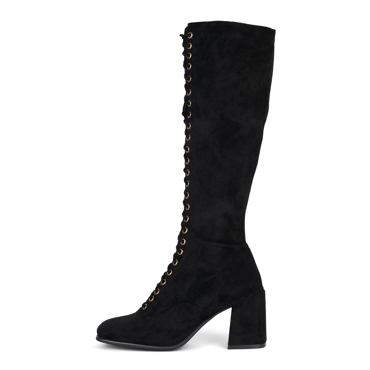 Black Lace Up Square Toe Chunky Heel Knee High Boots for Women