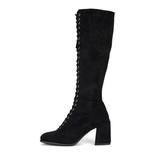Black Lace Up Square Toe Chunky Heel Knee High Boots for Women