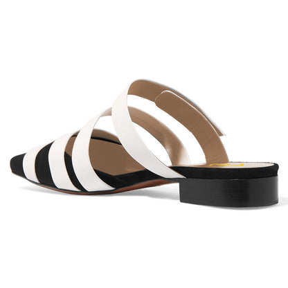 Women's White and Black Comfortable Flats Strappy Mules Sandals