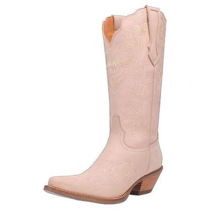 Pink Snip Toe Embroidered Mid-Calf Heeled Cowboy Boots for Women