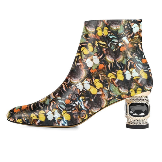Women's Butterfly Print Closed Toe Decorative Heel Ankle Boots