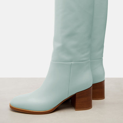 Light Blue Round Toe Block Heel Vegan Leather Knee High Boots