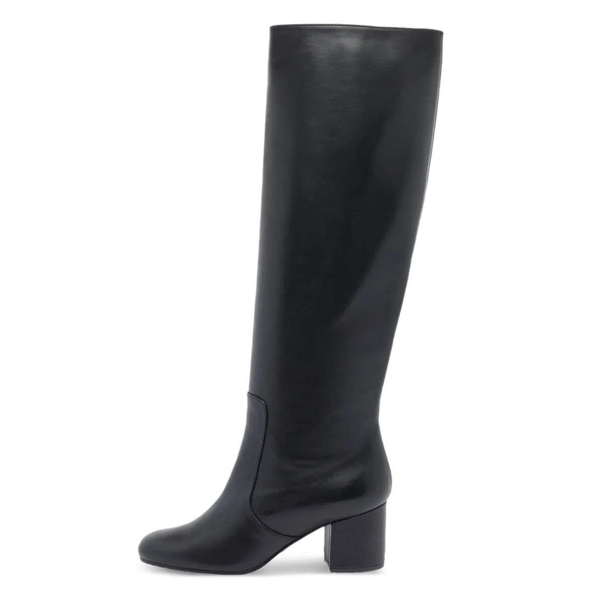 Black Round Toe Block Heel Vegan Leather Knee High Boots