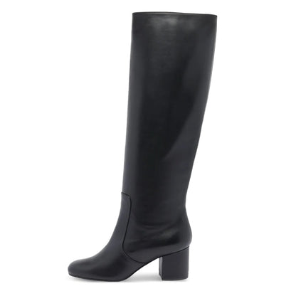 Black Round Toe Block Heel Vegan Leather Knee High Boots
