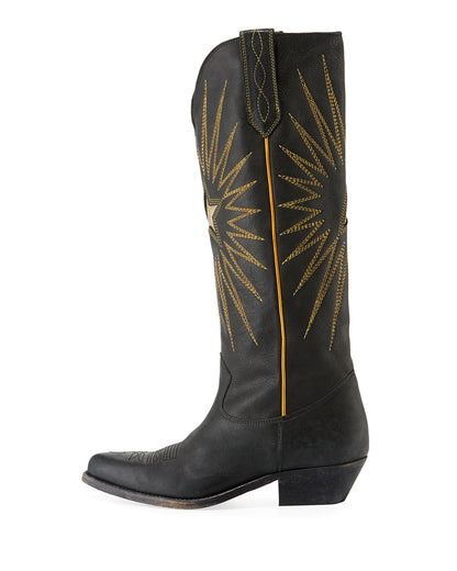 Black Chunky Heel Embroidered Pointy Toe Knee High Cowgirl Boots