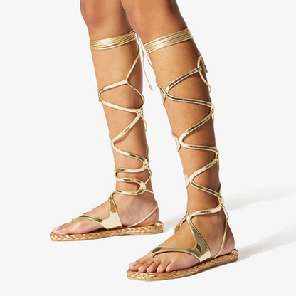 Gold Lace Up Flats Comfy Espadrille Shoes Knee High Gladiator Sandals