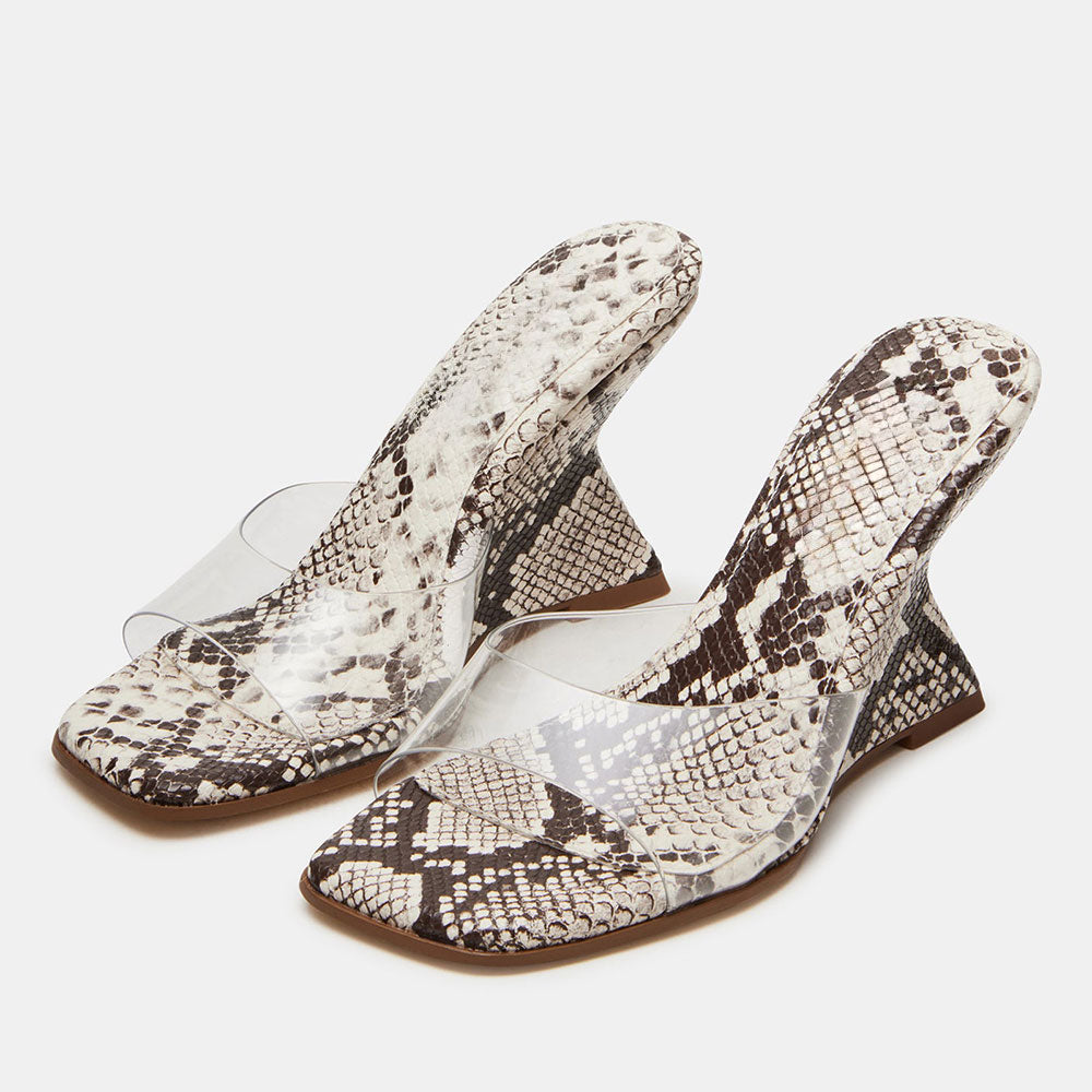 Beige & Gray Square Toe Python Embossed Mules Sandals with Wedge Heel