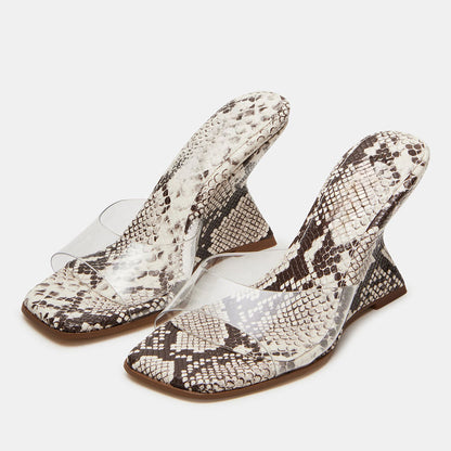 Beige & Gray Square Toe Python Embossed Mules Sandals with Wedge Heel