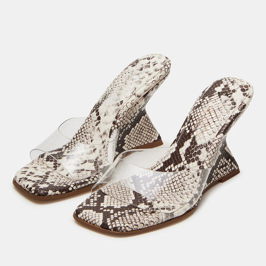 Beige & Gray Square Toe Python Embossed Mules Sandals with Wedge Heel