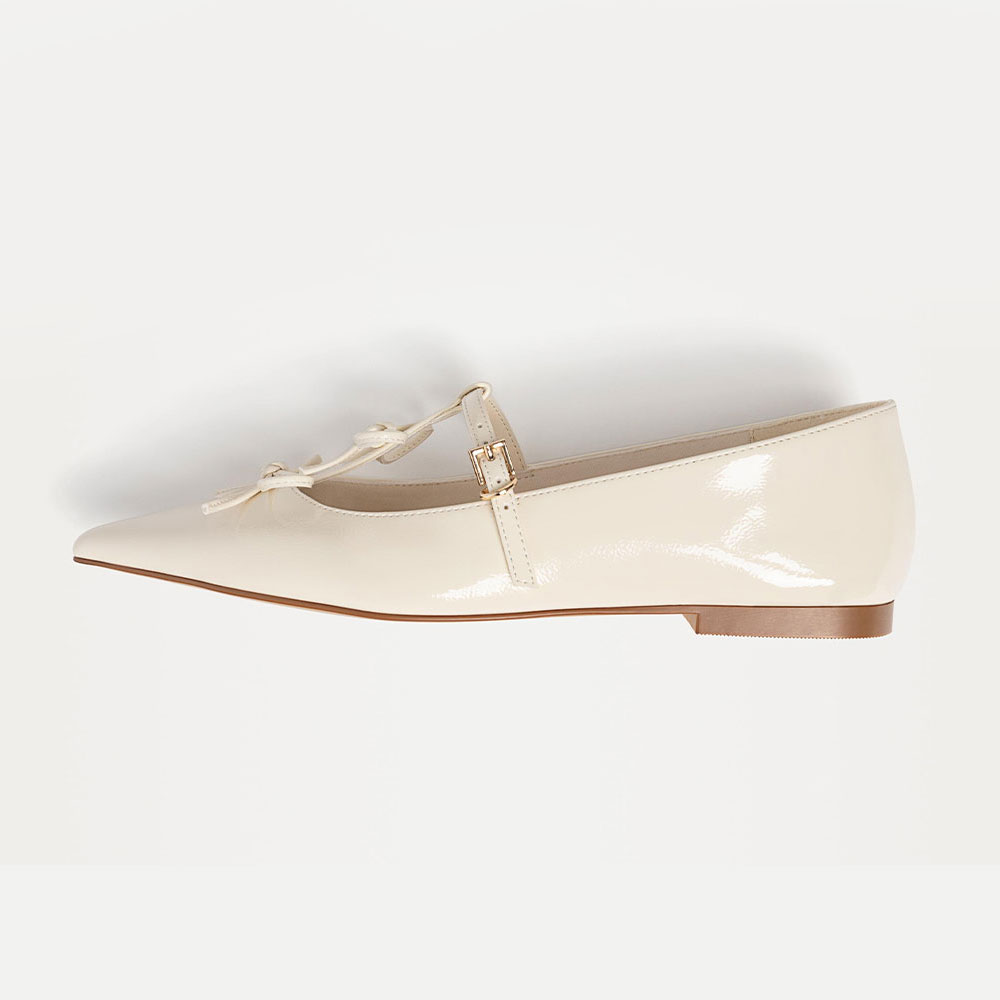 FSJ Ivory Bow Decor Buckle Strap Elegant Pointed Toe Flats