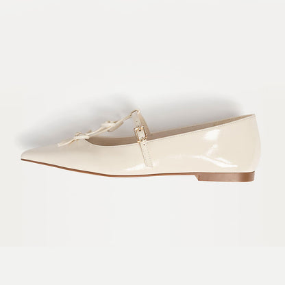 FSJ Ivory Bow Decor Buckle Strap Elegant Pointed Toe Flats