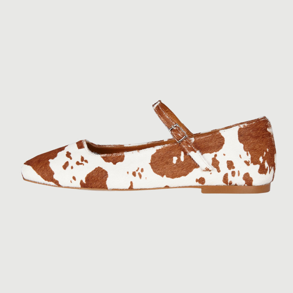 Brown & White Vegan Leather Square Toe Buckled Strappy Ballet Flats