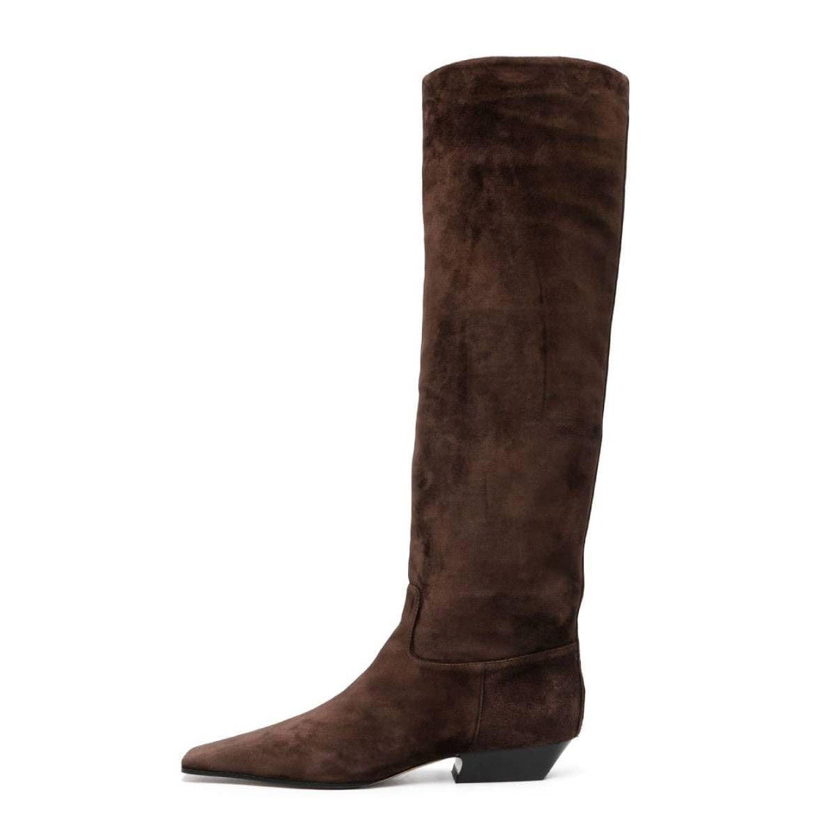 Brown Pull-On Low Heel Knee High Boots for Women with Square Toe