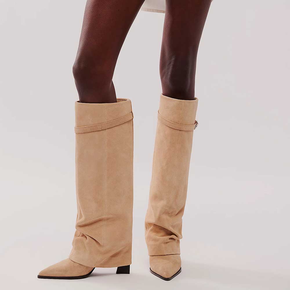 Beige Pointed Toe Stiletto Heel Fold Over Wide Calf Knee High Boots