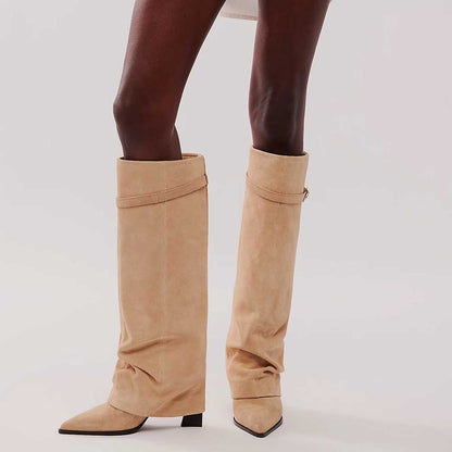 Beige Pointed Toe Stiletto Heel Fold Over Wide Calf Knee High Boots