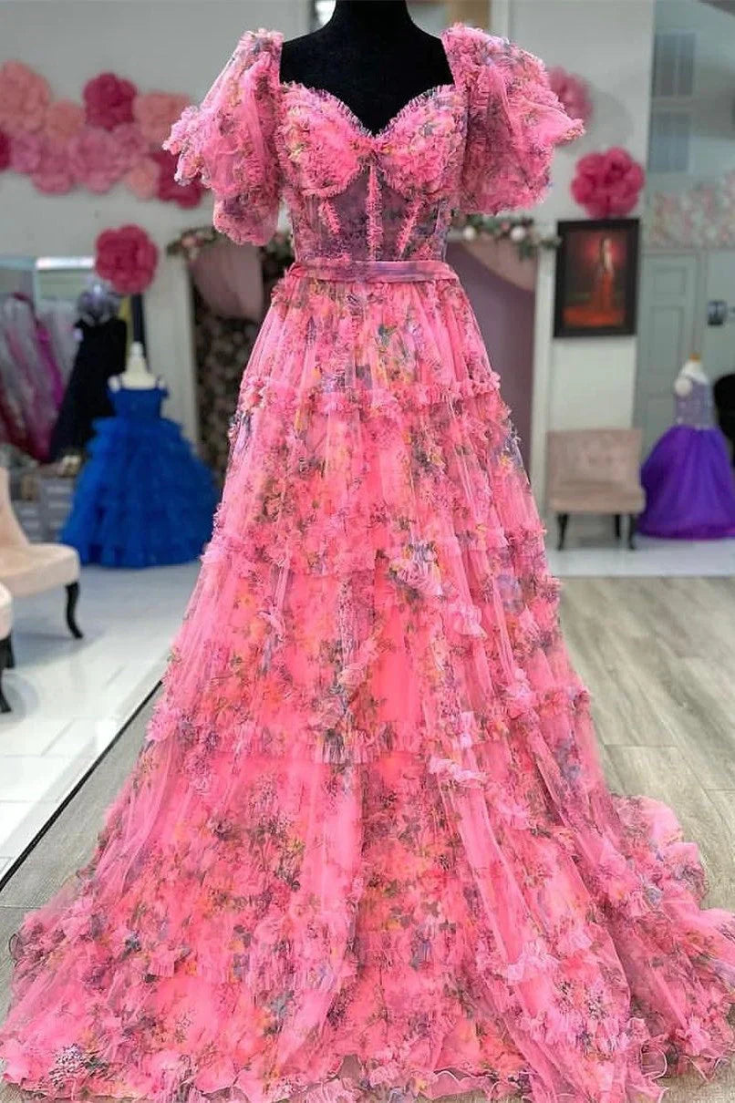 Floral Print Pink Off The Shoulder A-Line Long Evening Prom Dress