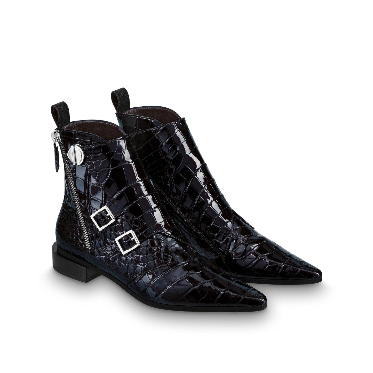 Black Lizard Skin Buckles Pointy Toe Side Zip Flat Ankle Boots