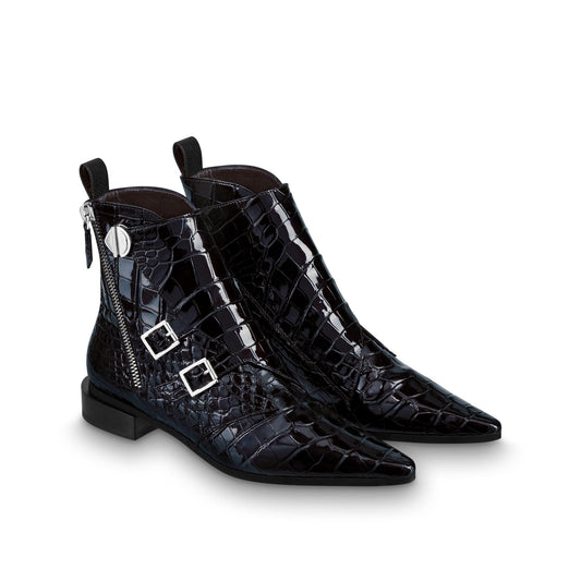 Black Lizard Skin Buckles Pointy Toe Side Zip Flat Ankle Boots