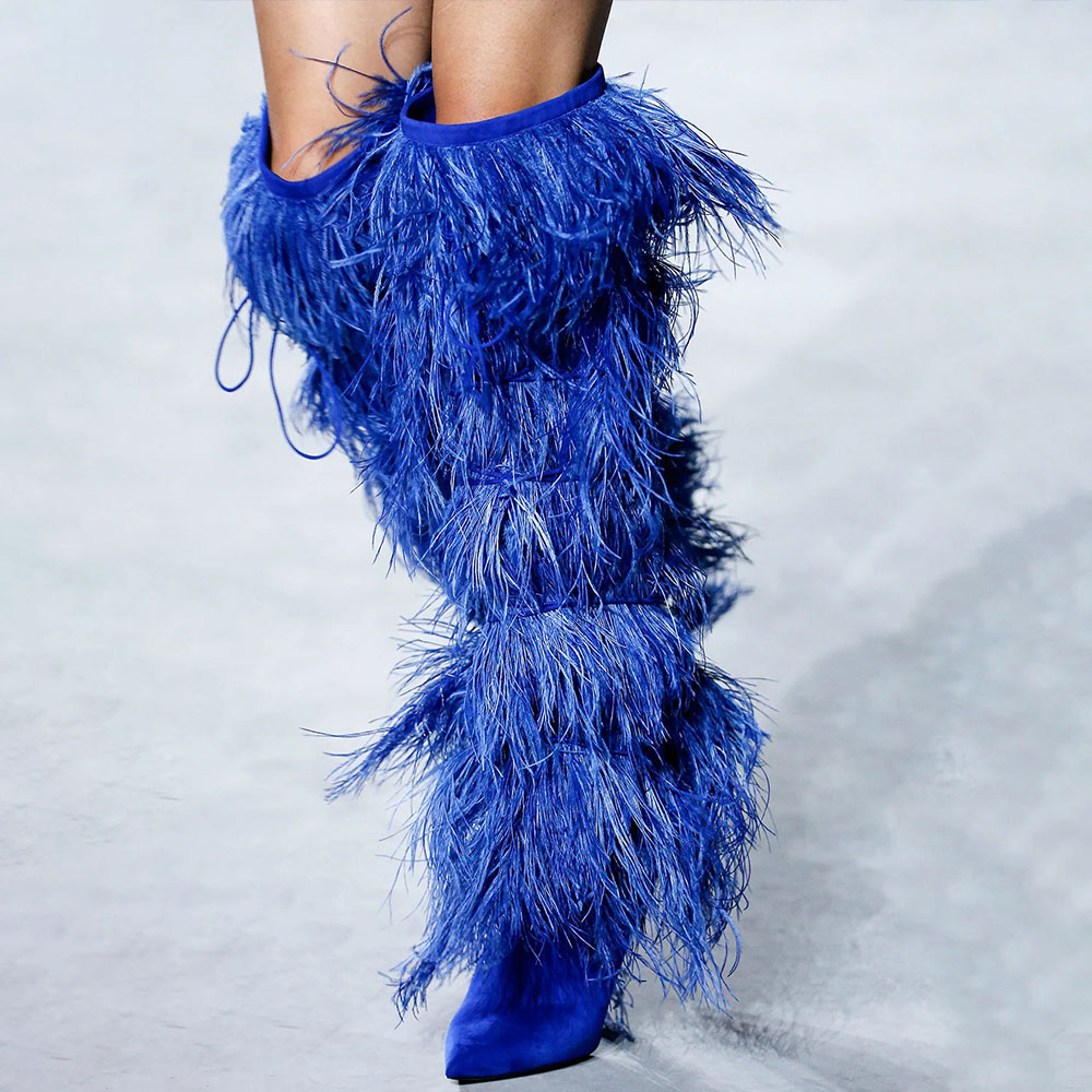 FSJ Blue Pointed Toe Ostrich Feathers Cone Heel Knee High Boots