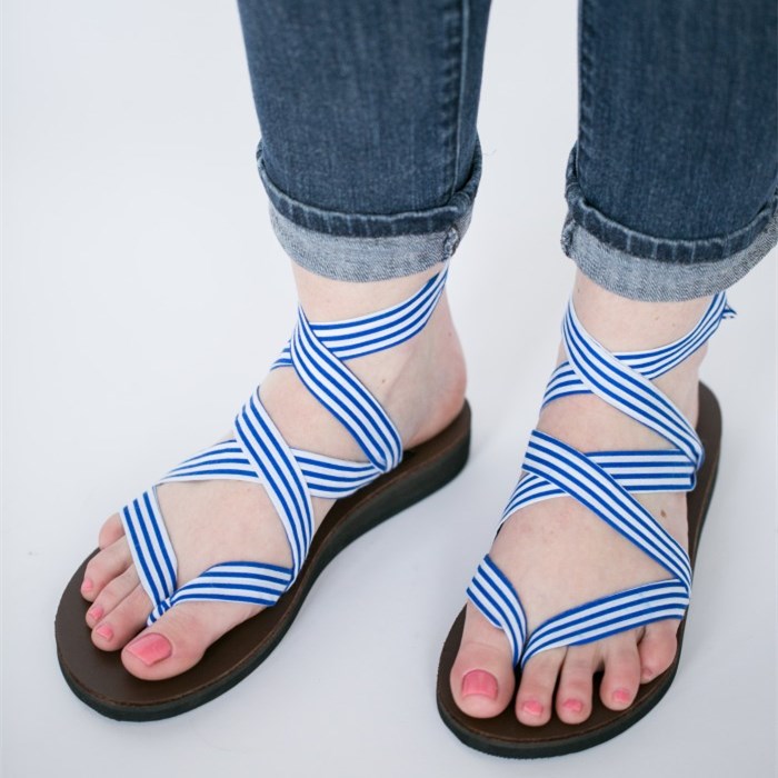 Blue and White Striped Crisscross Straps Low Heel Sandals for Women