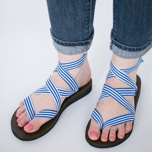 Blue and White Striped Crisscross Straps Low Heel Sandals for Women