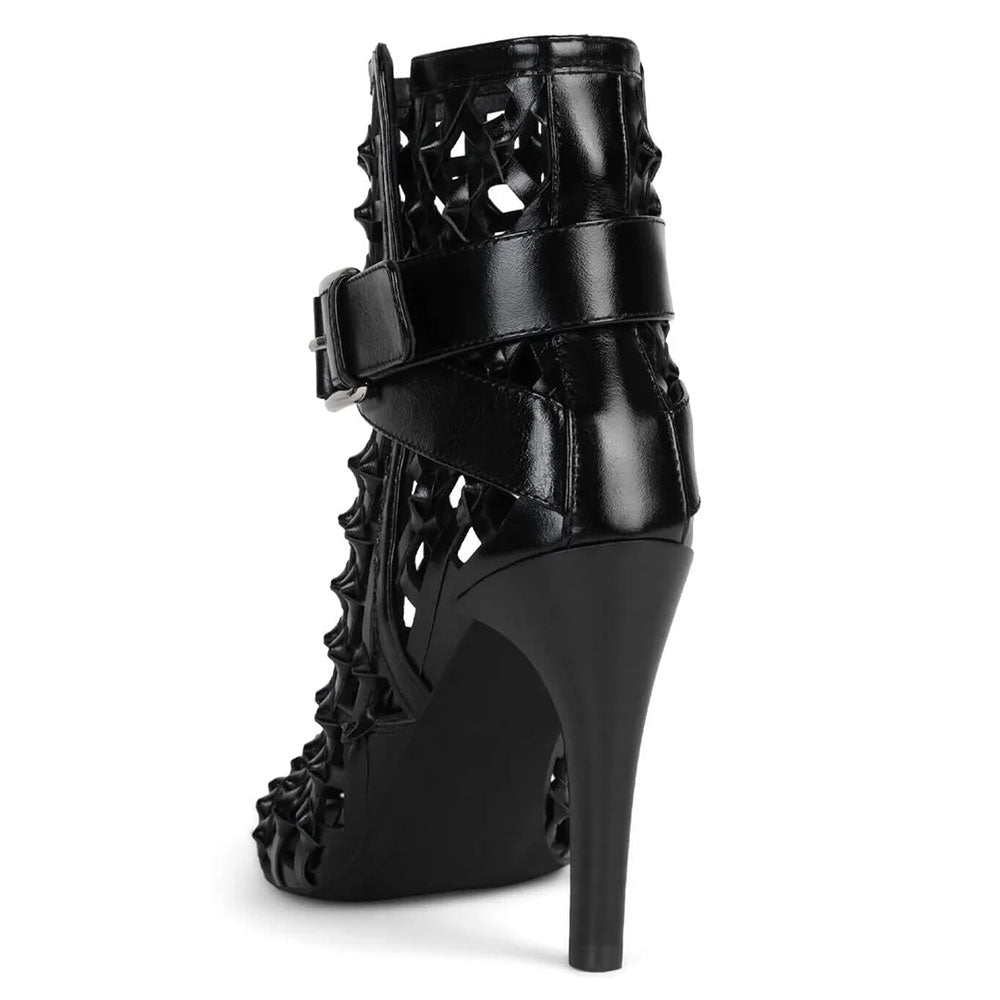 Black Woven Round Toe Stiletto Heel Ankle Boots with Buckled Strap