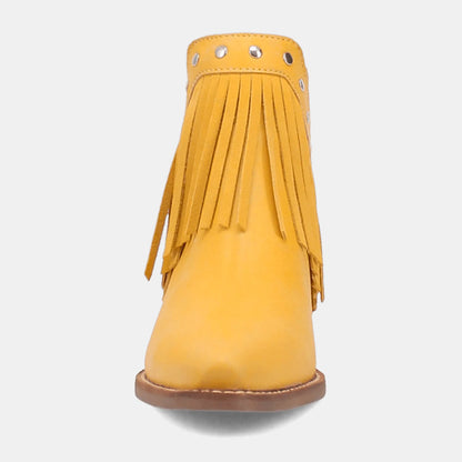Yellow Fringe Snip Toe Studded Chunky Heel Short Boots for Women