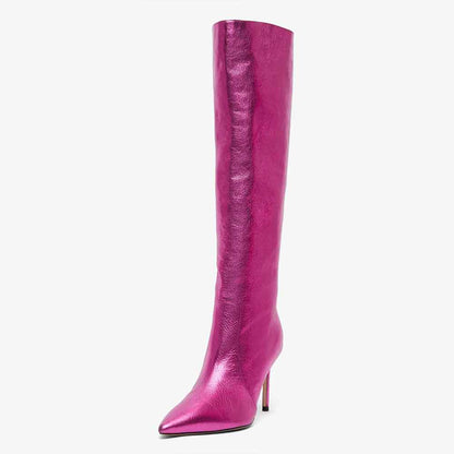 Fuchsia Metallic Pointed Toe Stiletto Heel Wide Calf Knee High Boots