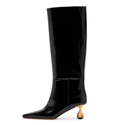 Black Square Toe Sculptural Heel Knee High Boots for Women