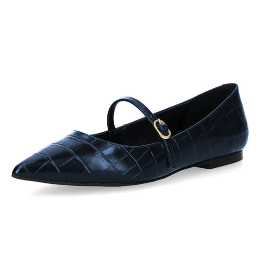 Navy Pointed Toe Croc Embossed Buckle Strap Mary Jane Flats