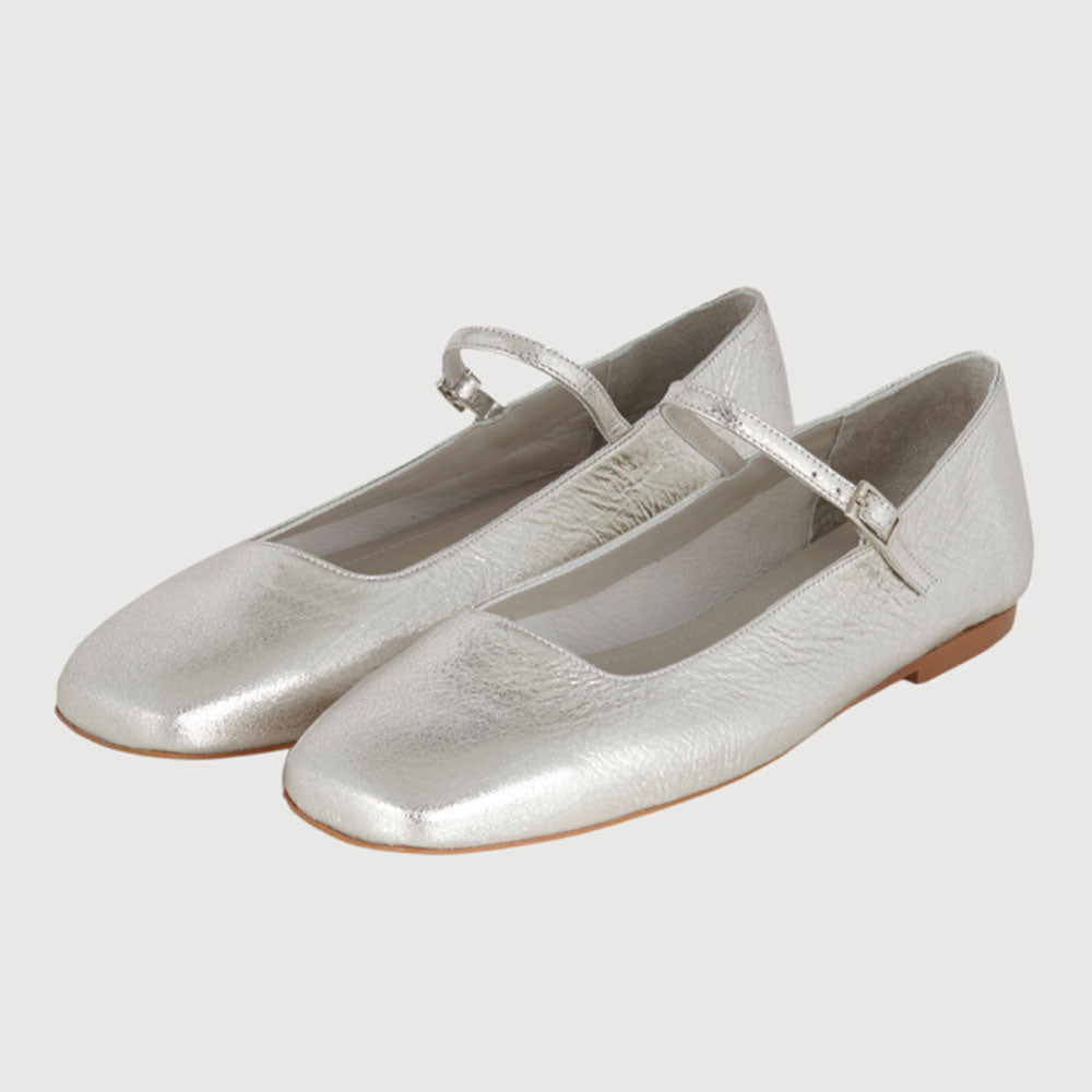 Silver Vegan Leather Distressed Square Toe Buckle Strap Ballet Flats