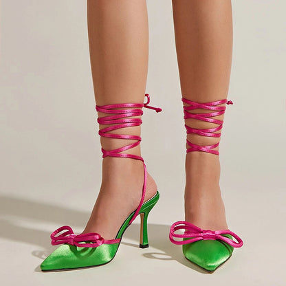 Women's Pink and Green Satin Pointed Toe Wrap Strap Pumps Heels