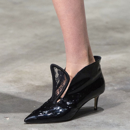 Black Patent Leather Kitten Heel Ankle Boots Pointed Toe Lace Booties