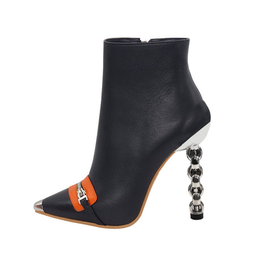 Black Pointed Toe Decorative Heel Ankle Boots
