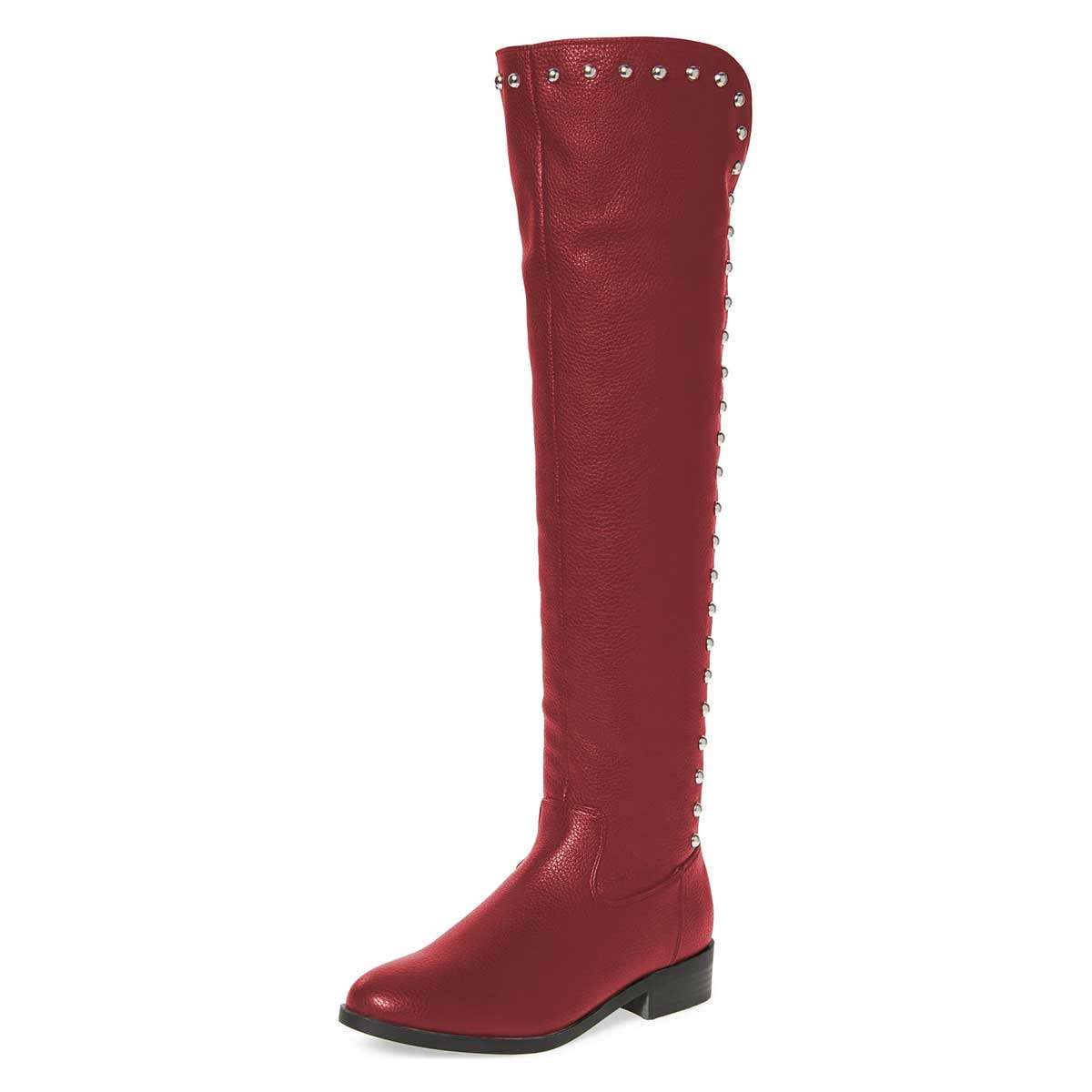 Maroon Round Toe Flat Knee High Boots with Studs