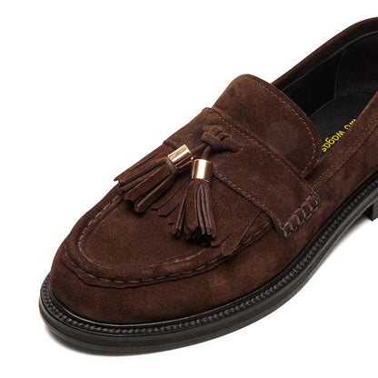 Brown Vegan Suede Fringe Moc Toe Low Heel Pull-On Womens Loafers