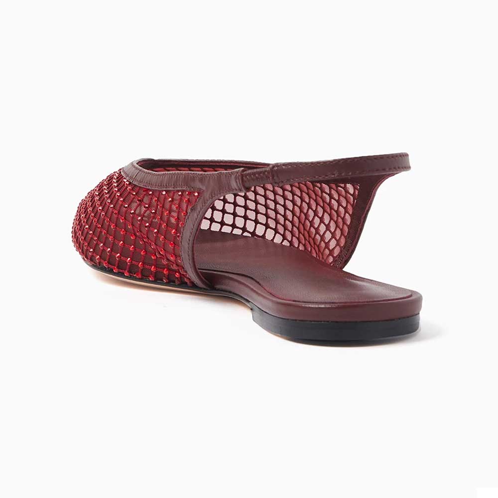 Maroon & Red Pointed Toe Rhinestone Mesh Flats with Slingback Strap