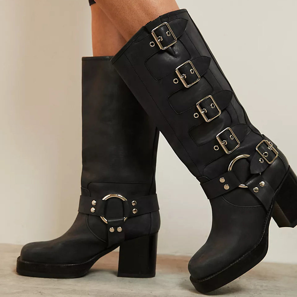 Black Vegan Leather Closed Toe Chunky Heel Platform Mid Calf Boots