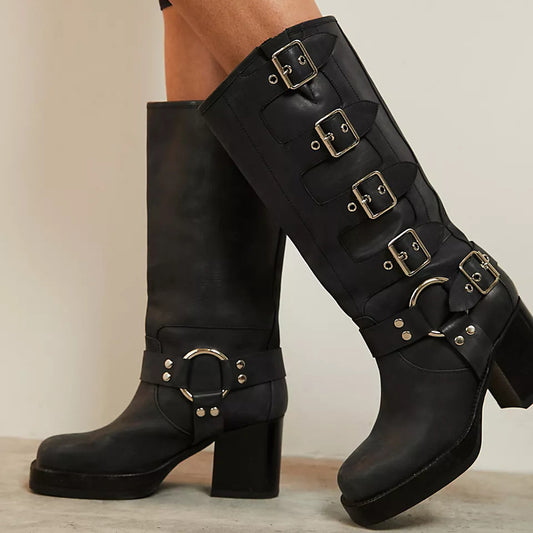 Black Vegan Leather Closed Toe Chunky Heel Platform Mid Calf Boots
