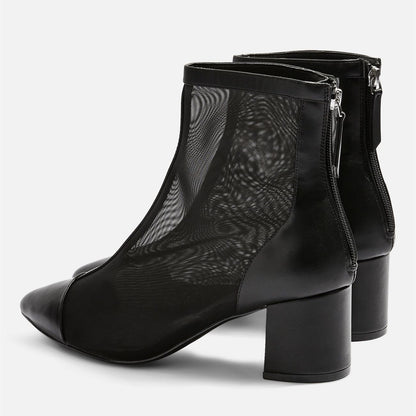 Black Pointy Toe Nets Chunky Heel Ankle Boots