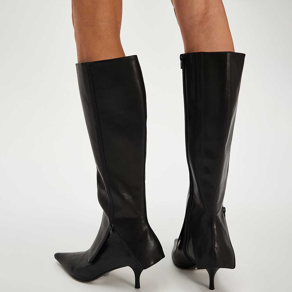 Fashion Pointed Toe Kitten Heel Fold-Over Knee High Boots in Black