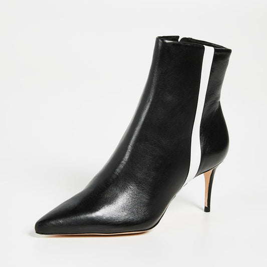 Black Pointy Toe White Stripe Stiletto Heel Ankle Boots