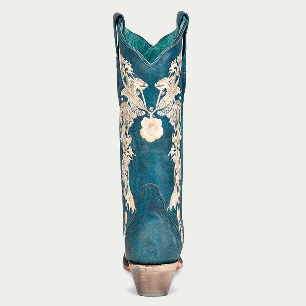 Teal Vegan Suede Embroidered Chunky Heel Mid Calf Cowgirl Boots