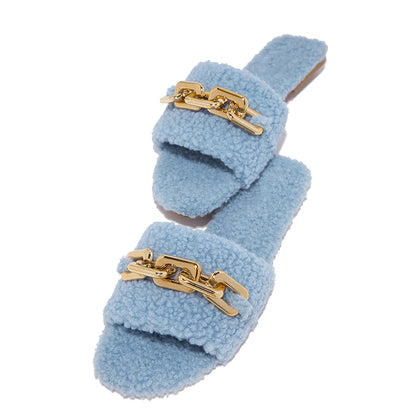 Blue Lambswool Flats Women's Open Toe Metal Buckle Mules